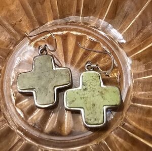 Green Turquoise And Sterling Silver Cross Dangle Earrings
